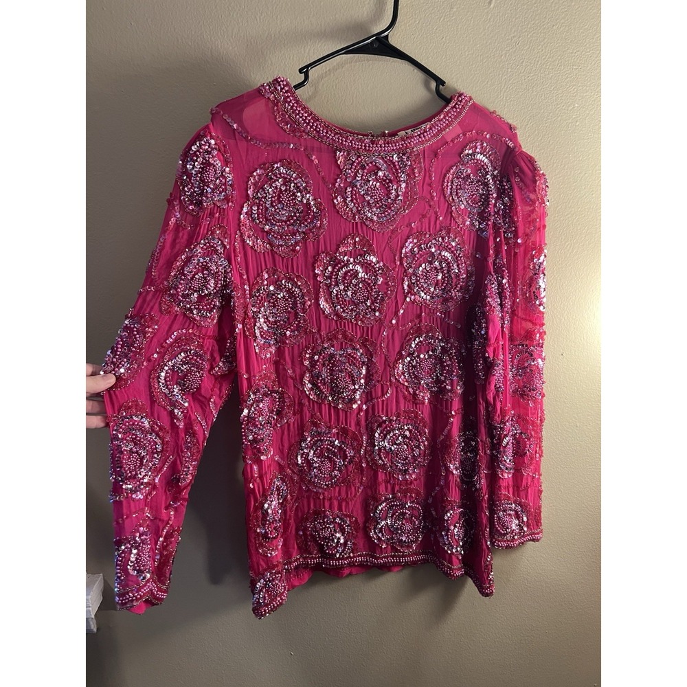 Nite Lime Pink Sequin Beaded Embellished Long Sleeve‎ Party Top